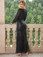 Sequin V-Neck Lantern Sleeve Maxi Dress