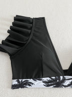 Bikini Black Solid Color Ruffle V Neck 2 Piece Swimsuit for Women – High Waisted Flattering Bikini Set with Lettuce Trim Bottoms – Sleek Stretchy Fabric Swimwear for Beach Days Poolside Style and Summer Vacation Looks