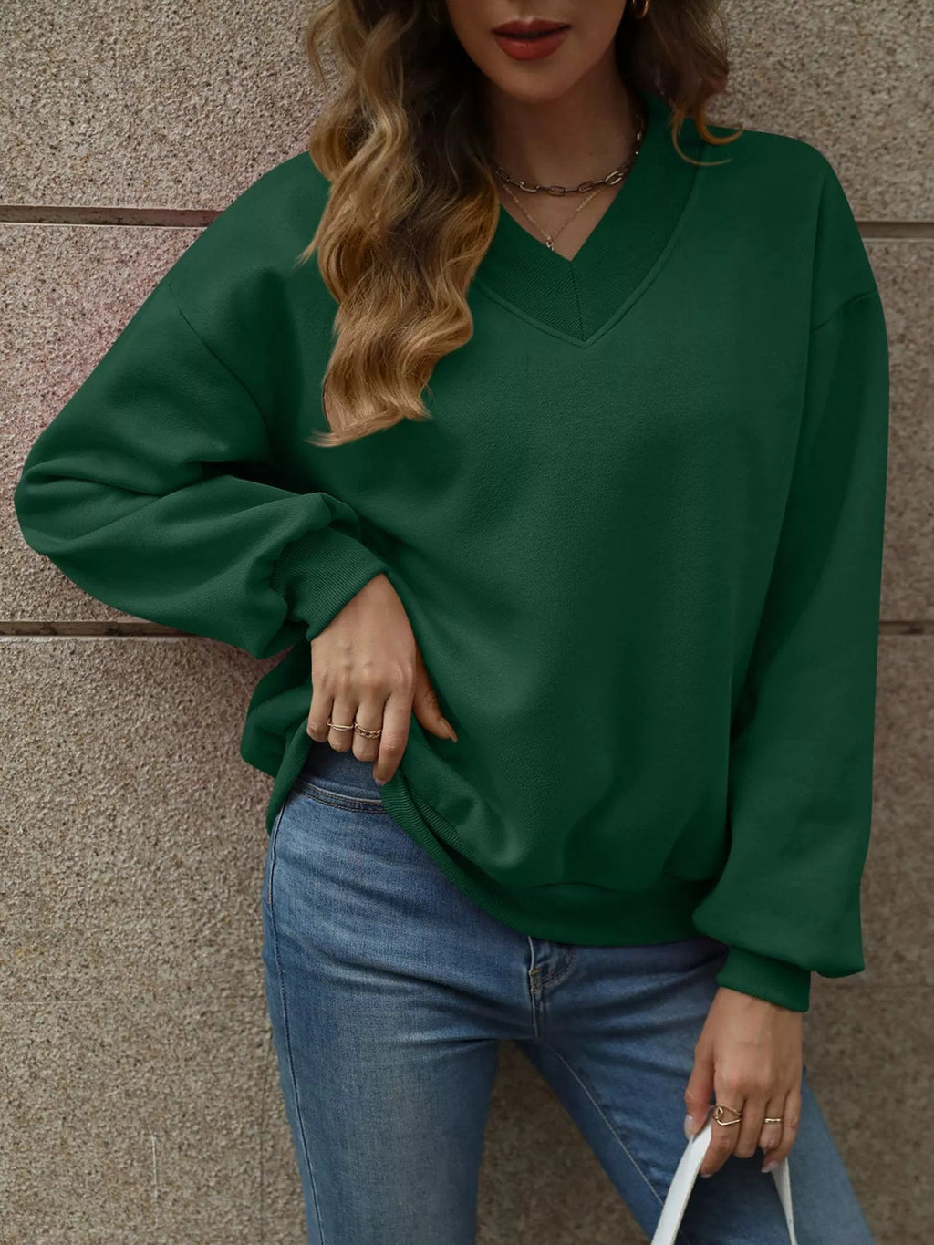 V-Neck Solid Color Casual Sweatshirt THRIXINE
