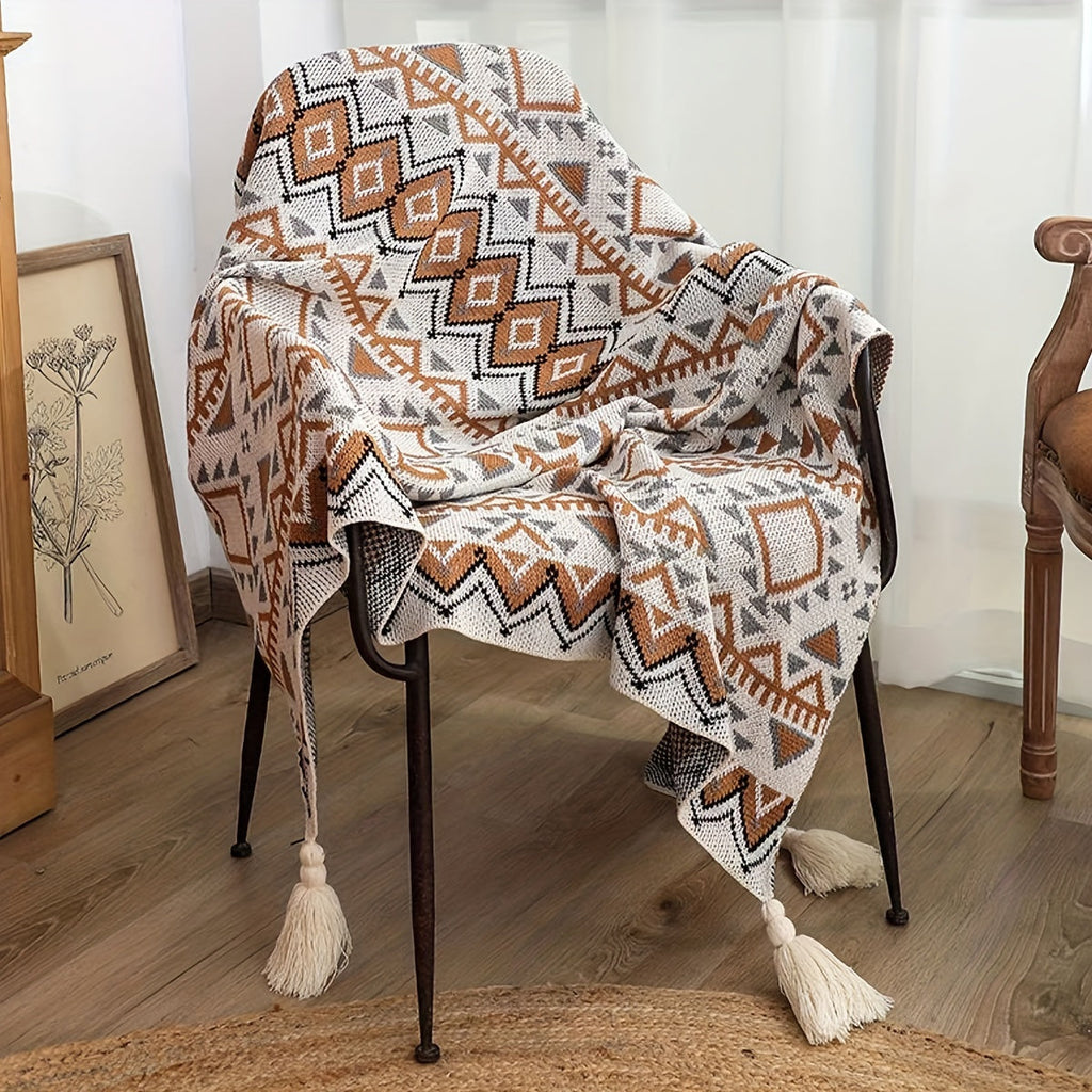 1pc Bohemian Style Striped Tassel Throw Blanket, 100% Polyester, Fantasy Themed, All-Season Multipurpose, Stain Resistant, Woven Fabric, Hand Wash Only, >500g Weight Lootquake LLC