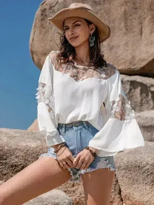 White Lace Round Neck Long Sleeve Blouse | Femstylo - SJB-DIAMOND ELITES