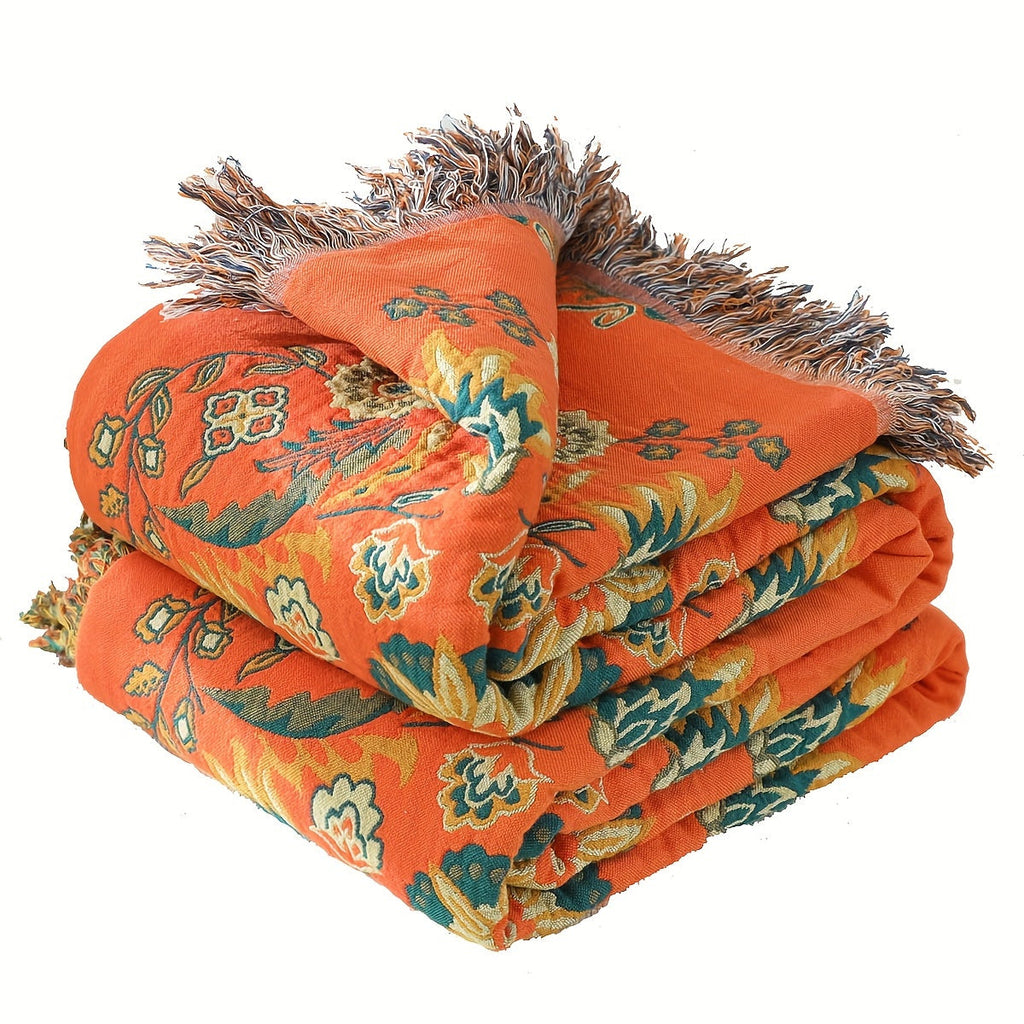 1pc Floral Sofa Towel Blanket With Tassel, Cotton Printed Blanket, Vintage Floral Pattern, Sofa Blanket, Air Conditioning Blanket, Nap Blanket