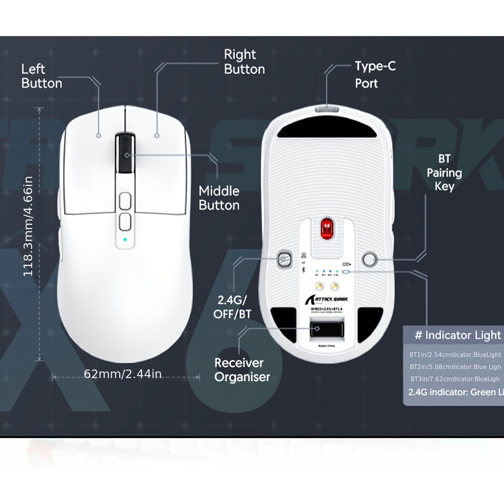 ATTACK SHARK X6 49g SUPERLIGHT Mouse With Magnetic Charging Dock, PixArt PAW3395 Gaming Sensor, BT/2.4G Wireless/Wired Gaming Mouse With Tape, Up To 26000, X3 Upgrade Mice For Win11/Xbox/PS/Mac Lootquake LLC