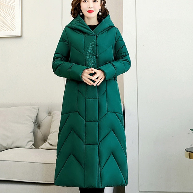 Plus Size Overknee Long Warm Hooded Cotton Jacket Pi-Mart