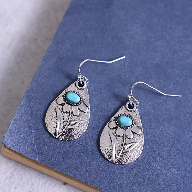 Alloy Carved Earrings Inlaid Turquoise Pi-Mart