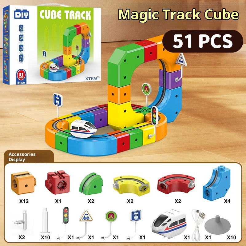 Electric Train Track Building Blocks - Assembled Cube Track Toy Set for Kids Ages 4-6 (51, 81, 123 PCs) Pi-Mart