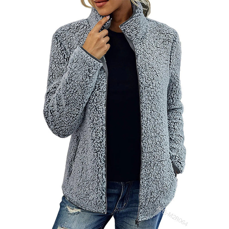 Fall Winter Warm Sweatshirt Stand Collar Solid Color Top Sweater Women's Casual Fashion Long Sleeve Zipper Bubble Velvet Coat Tops Pi-Mart