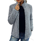 Fall Winter Warm Sweatshirt Stand Collar Solid Color Top Sweater Women's Casual Fashion Long Sleeve Zipper Bubble Velvet Coat Tops Pi-Mart