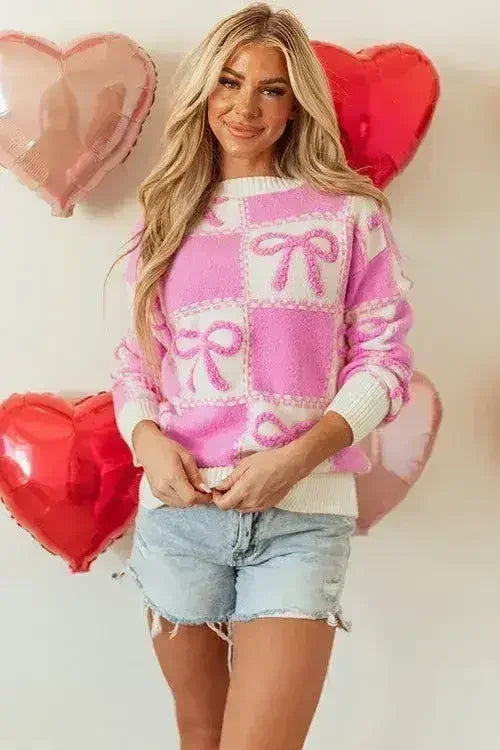 Pink Bow Knot Two Tone Checkered Crew Neck Sweater - SJB-DIAMOND ELITES