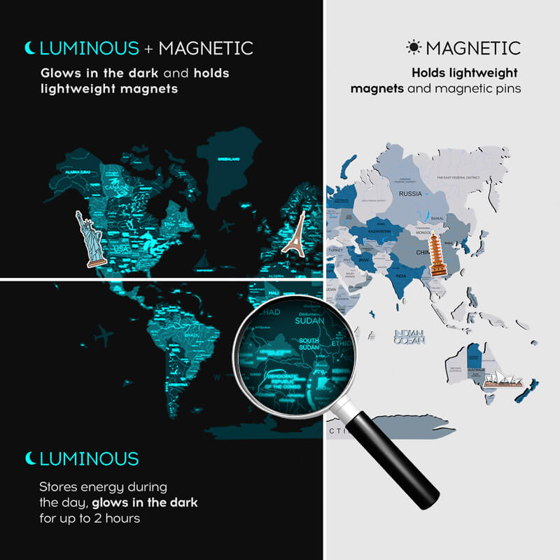 3D Luminous/Magnetic Colored Wooden World Map Aqua Enjoy The Wood