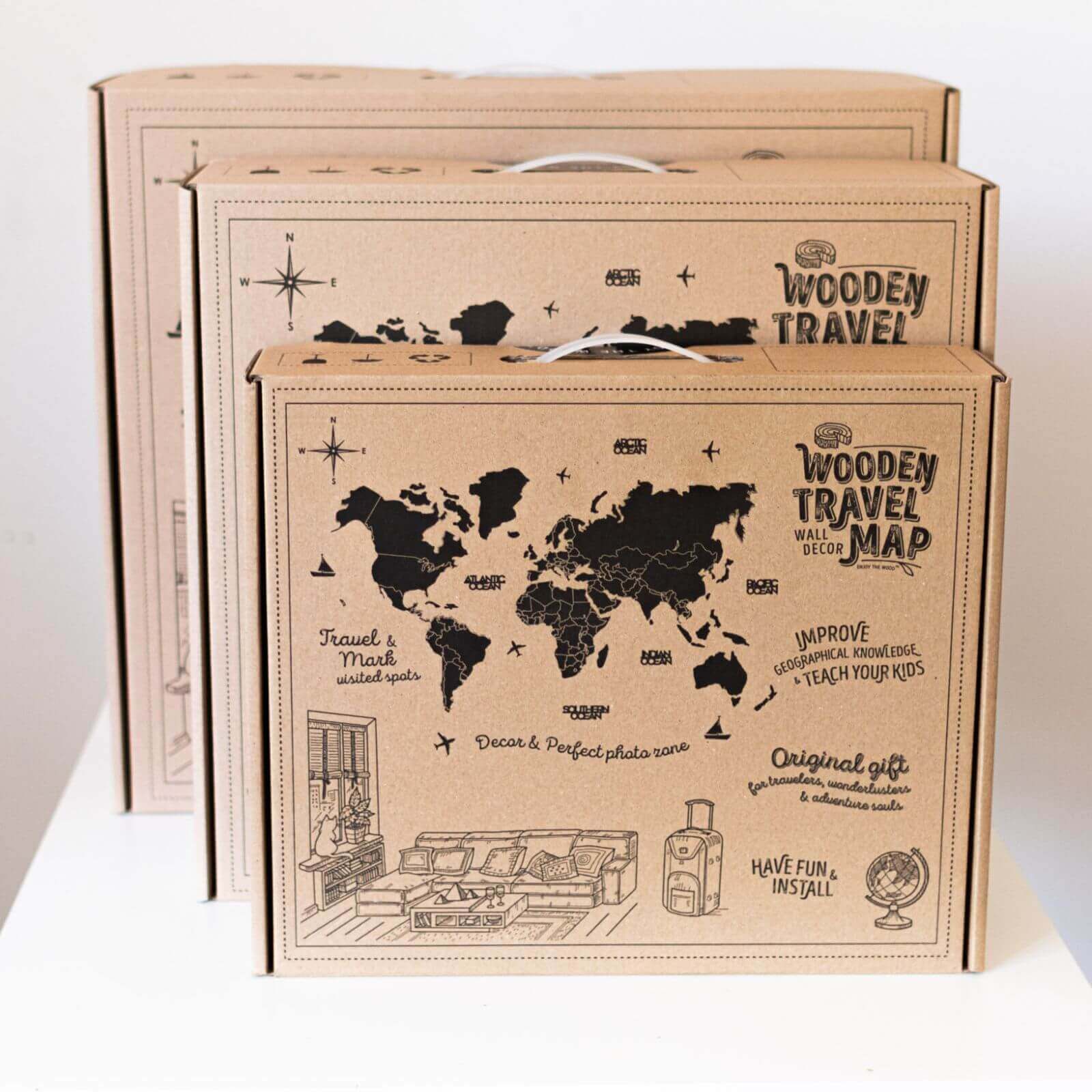 3D Wooden World Map Volcano Enjoy The Wood