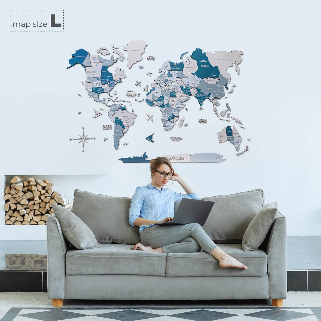 3D Wooden World Map Aqua Enjoy The Wood