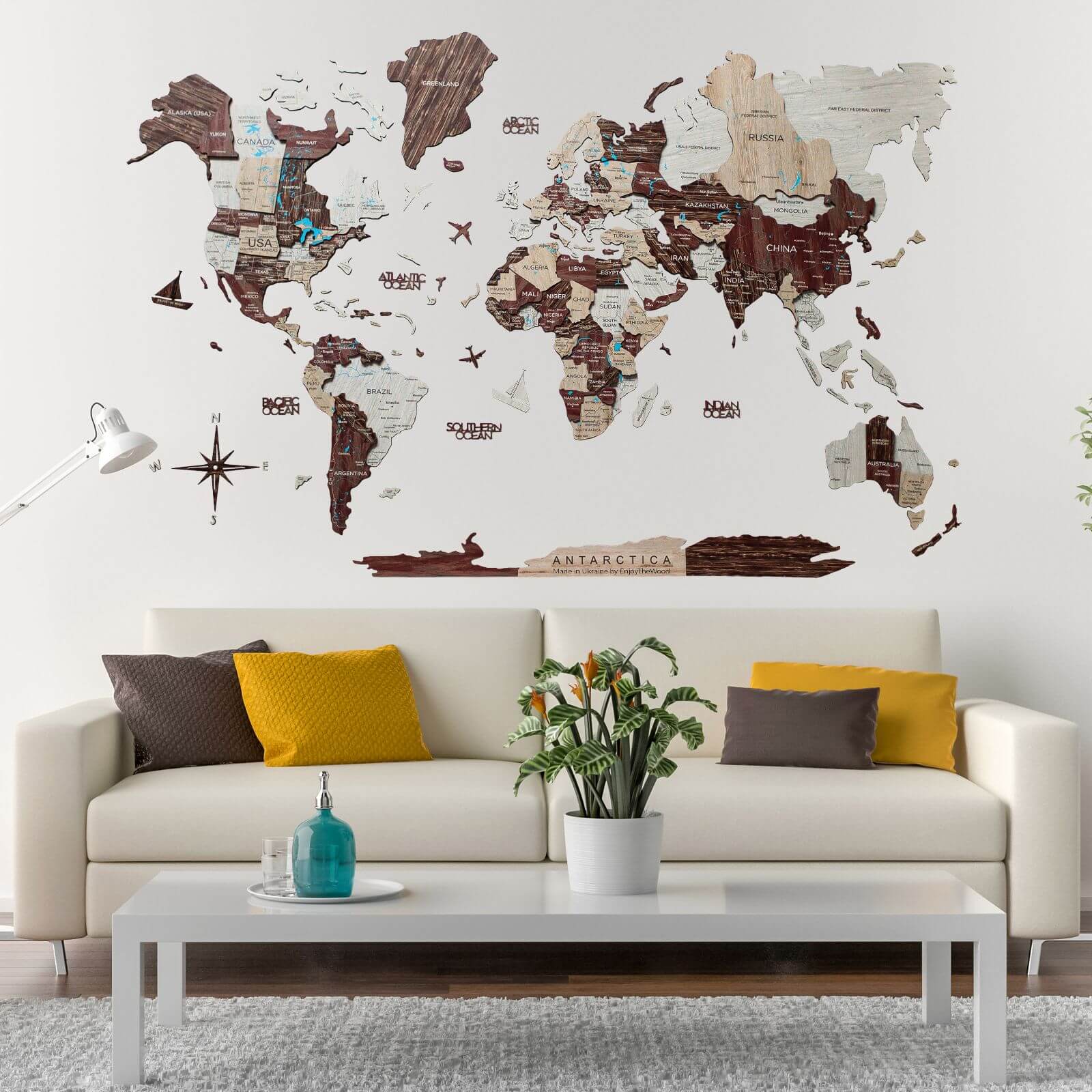 3D Luminous/Magnetic Colored Wooden World Map Cappuccino Enjoy The Wood