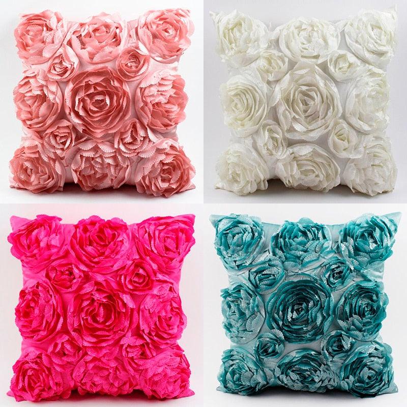 3D Roses Style Embroidered Polyester Cushion Cover Pillowcase Wedding Home Decorative Roses Floral Print Cushion Covers Throw Pillow Covers For Decorating Sofa Car Bedroom 42x42cm Stevvex