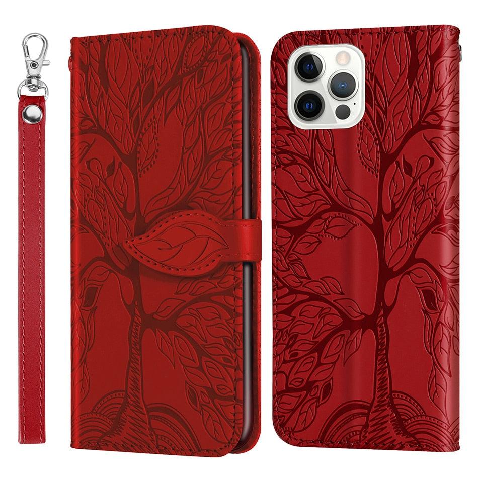 3D Tree Flip Leather Case For iPhone 13 12 Mini Phone Cover PU Leather Wallet Case with Card Holder Kickstand Wrist Strap Flip Cover for iPhone Stevvex