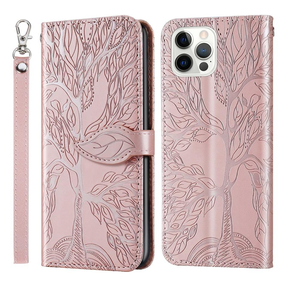 3D Tree Flip Leather Case For iPhone 13 12 Mini Phone Cover PU Leather Wallet Case with Card Holder Kickstand Wrist Strap Flip Cover for iPhone Stevvex