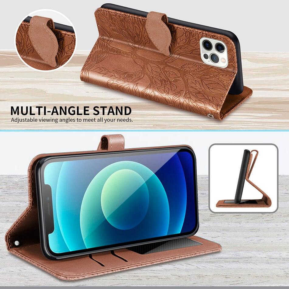 3D Tree Flip Leather Case For iPhone 13 12 Mini Phone Cover PU Leather Wallet Case with Card Holder Kickstand Wrist Strap Flip Cover for iPhone Stevvex