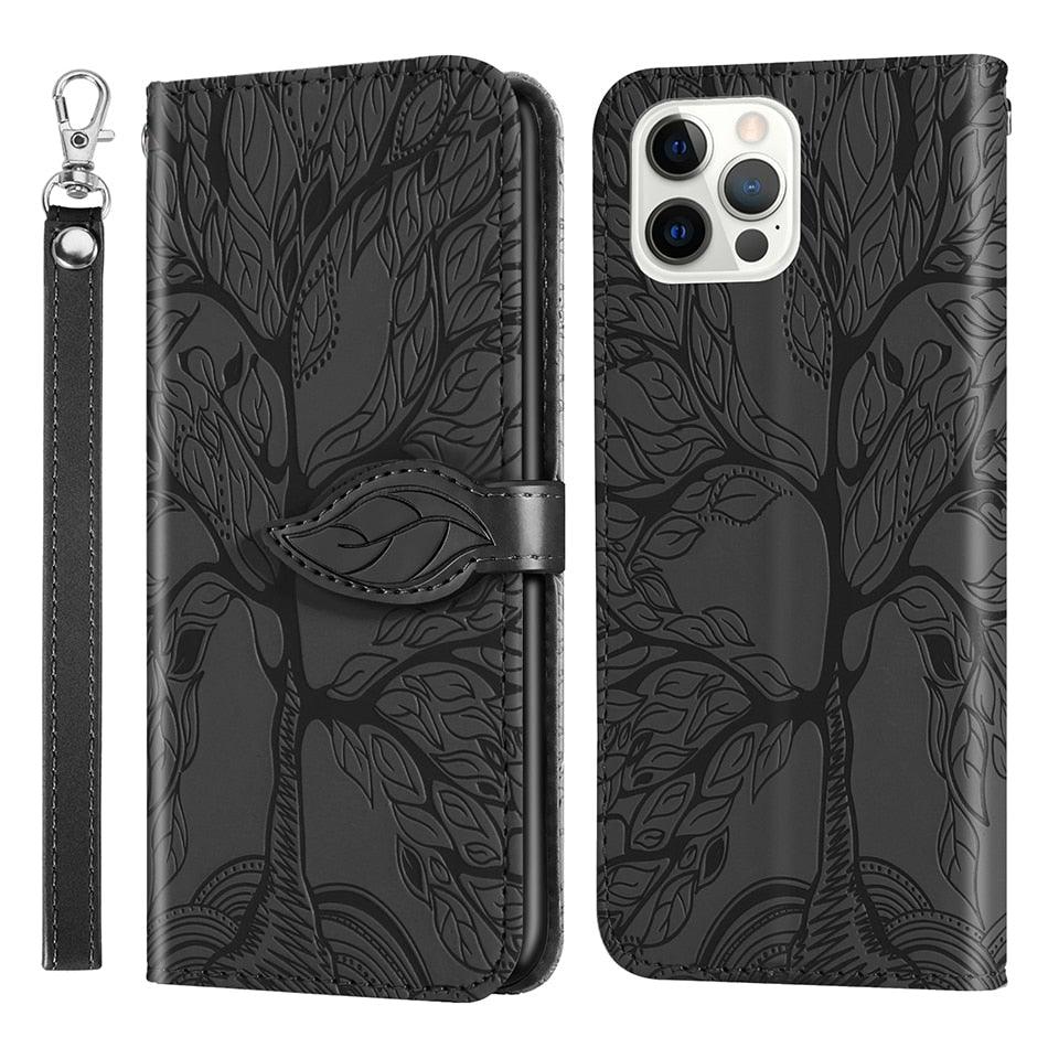 3D Tree Flip Leather Case For iPhone 13 12 Mini Phone Cover PU Leather Wallet Case with Card Holder Kickstand Wrist Strap Flip Cover for iPhone Stevvex