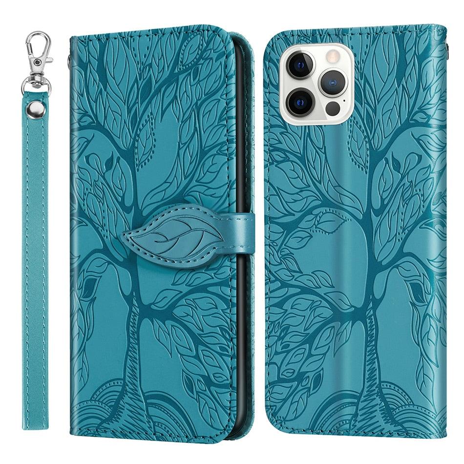 3D Tree Flip Leather Case For iPhone 13 12 Mini Phone Cover PU Leather Wallet Case with Card Holder Kickstand Wrist Strap Flip Cover for iPhone Stevvex