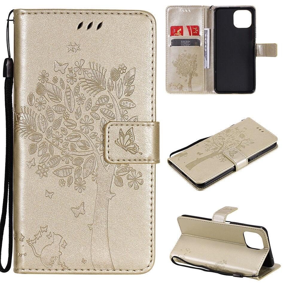 3D Tree Flip Leather Case For iPhone 13 12 Mini Phone Cover PU Leather Wallet Case with Card Holder Kickstand Wrist Strap Flip Cover for iPhone Stevvex