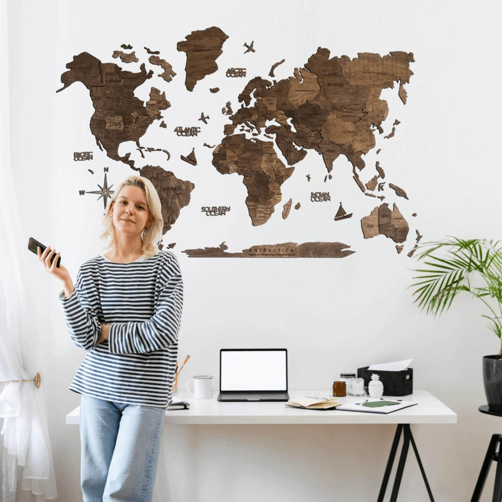 3D Wooden World Map Dark Walnut (for US only) - SJB-DIAMOND ELITES