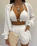 Lantern sleeve shirt and pocket design shorts set, solid color with ruffled edges and exposed navel top, new for 2025 Purplish Diva