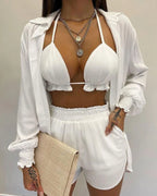 Lantern sleeve shirt and pocket design shorts set, solid color with ruffled edges and exposed navel top, new for 2025 Purplish Diva
