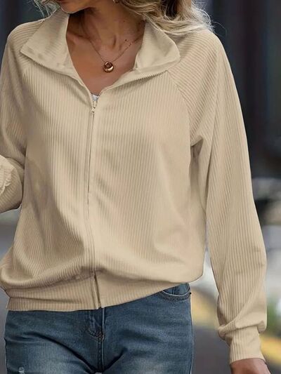 Simple White Zip Up Collared Neck Raglan Sleeve Jacket Comfortable Versatile Casual Women Wear Stevvex