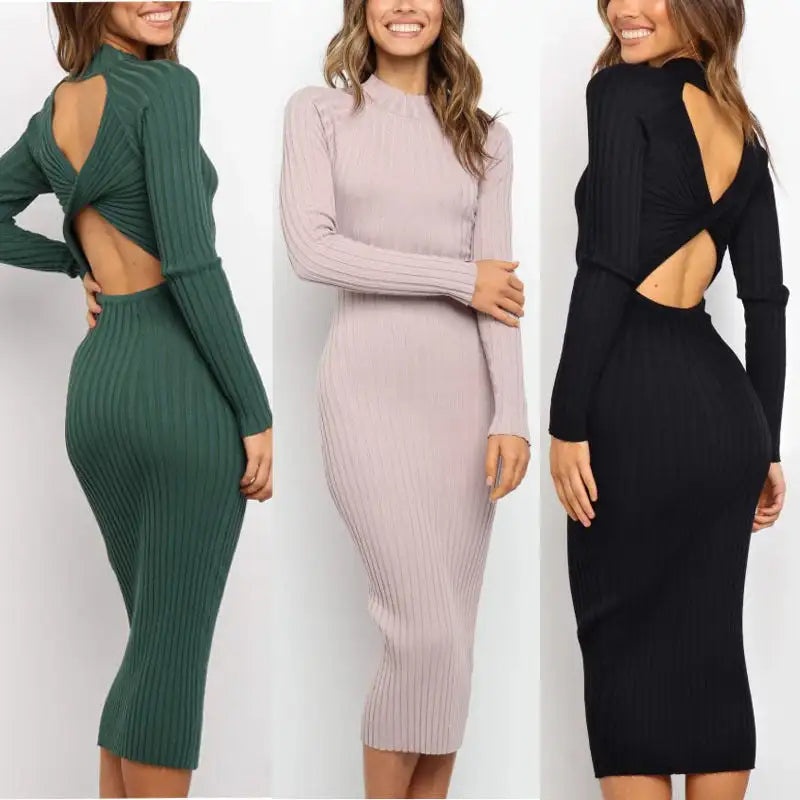 New Style Women's Suits Sweater Dresses Women's Solid Color Backless Bow Tight Dresses - SJB-DIAMOND ELITES