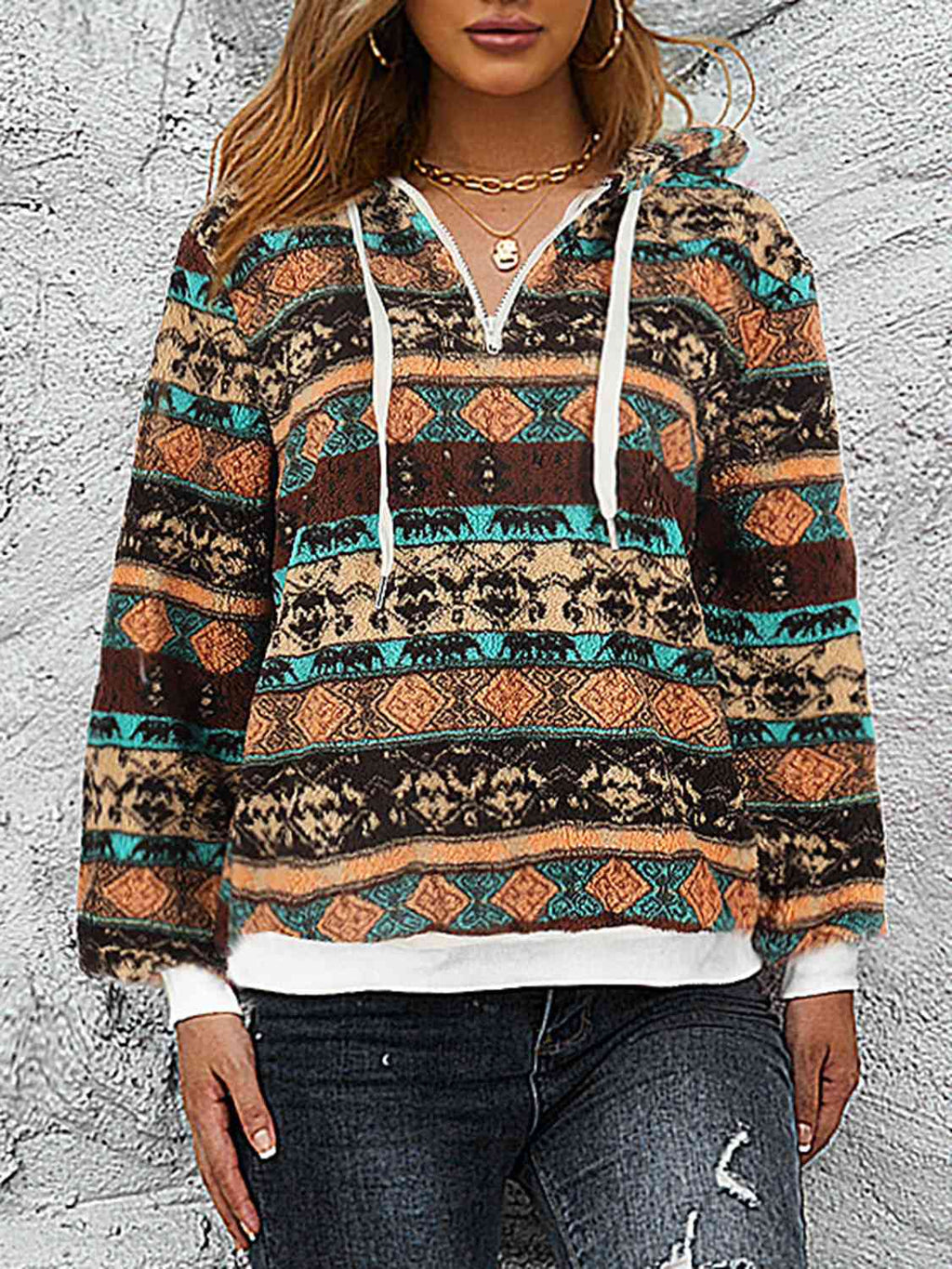 Printed Drawstring Long Sleeve Hoodie Pi-Mart