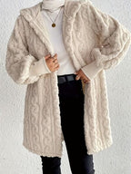 Beige Long Winter Open Front Long Sleeve Fuzzy Hooded Jacket Cozy & Stylish Outerwear Stevvex