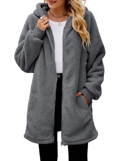 Comfortable Fuzzy Pocketed Zip-Up Long Sleeve Hooded Jacket Cozy & Warm Soft Outerwear For Winter Stevvex
