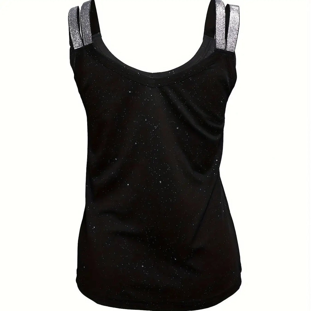 Ladies' V-neck Sequined Shoulder Strap Fashion New Solid Color Tank Top - SJB-DIAMOND ELITES