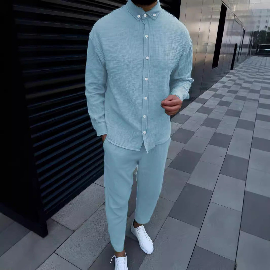 European And American Autumn Men's Wrinkle Bubble Casual Suit Long Sleeve Tooling Trousers