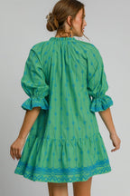Full Size Tassel Embroidered Sleeve Mini Dress Plus Size Feminine & Stylish Green Dress