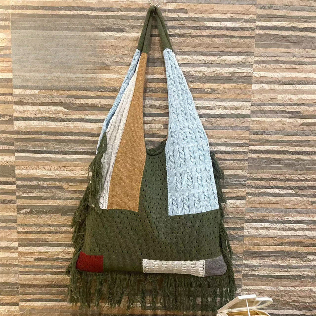Tassel bag women, splicing knitted shoulder bag, simple and versatile retro knitted bag hobo - SJB-DIAMOND ELITES