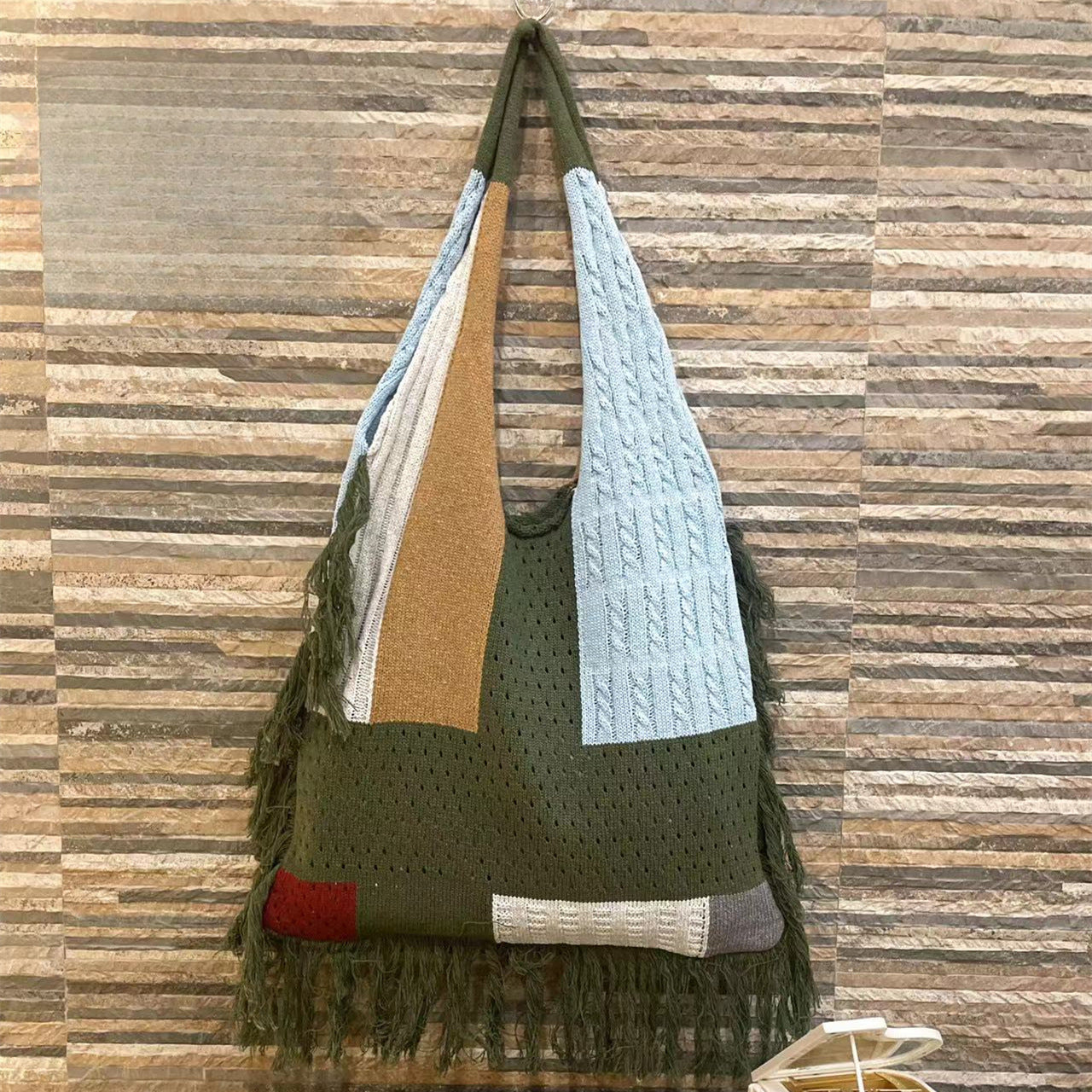 Tassel bag women, splicing knitted shoulder bag, simple and versatile retro knitted bag hobo - SJB-DIAMOND ELITES