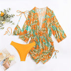 Island Bloom 3-Piece Bikini Set for Women – Tropical Leaf Print Fluttering Swimwear with Flattering Halter Neck Top High Waist Bottoms & Adjustable Drawstring Cover Up – Perfect for Koningsdag Celebrations & Summer Adventures