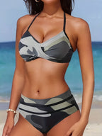 Bikini Camo Print 2 Piece High Cut Halter Swimsuit for Women – Vibrant V Neck Backless Bikini Set with Ruched Detail – Comfortable Stretchy Swimwear for Beach Pool and Summer Vacation Stevvex