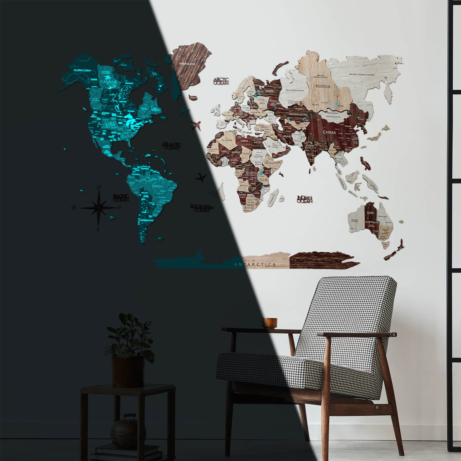 3D Luminous/Magnetic Colored Wooden World Map Cappuccino Enjoy The Wood