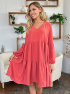 Light Green Double Take Full Size V-Neck Sleeve Tiered Dress with Pockets Elegant & Comfortable Casual Dress Stevvex