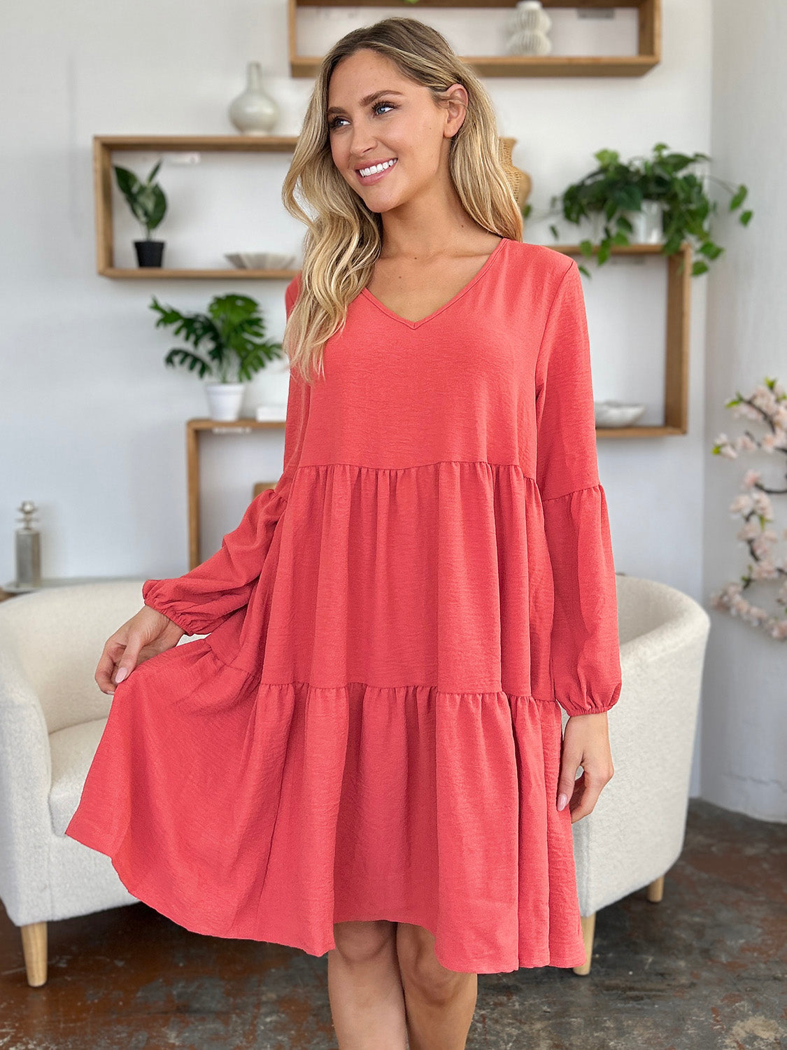 Light Green Double Take Full Size V-Neck Sleeve Tiered Dress with Pockets Elegant & Comfortable Casual Dress Stevvex
