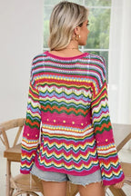 Rose Red Colorblock Striped Hollowed Knit Loose Sweater