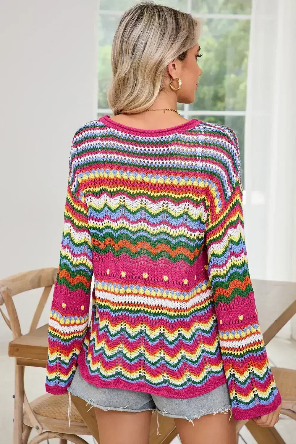 Rose Red Colorblock Striped Hollowed Knit Loose Sweater