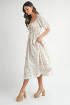 Floral Drawstring Detail Puff Sleeve Midi Dress – Romantic Floral Midi Dress, Ruched Drawstring Dress, Feminine Puff Sleeve Dress, Trendy Garden Party Dress For Summer