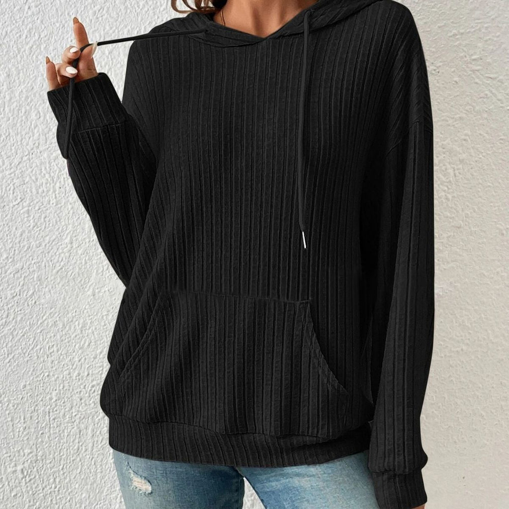 Fashion Drawstring Long-sleeved Hooded Sweatshirt With Pockets Solid Sunken Stripe Hoodie Knitwear Womens Clothing Pi-Mart