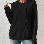 Fashion Drawstring Long-sleeved Hooded Sweatshirt With Pockets Solid Sunken Stripe Hoodie Knitwear Womens Clothing Pi-Mart