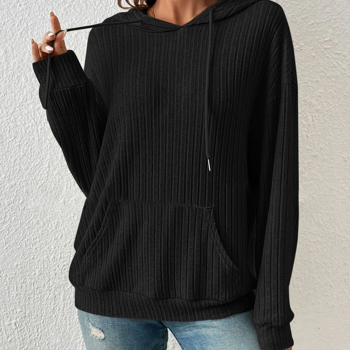 Fashion Drawstring Long-sleeved Hooded Sweatshirt With Pockets Solid Sunken Stripe Hoodie Knitwear Womens Clothing Pi-Mart