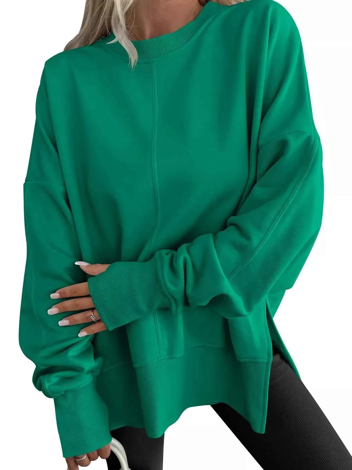 Side Slit Round Neck Long Sleeve Sweatshirt THRIXINE