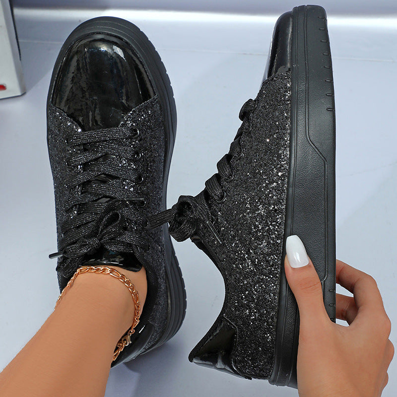 Glitter Sequin Design Flats Shoes Women Trendy Casual Thick-soled Lace-up Sneakers Fashion Skateboard Shoes Pi-Mart